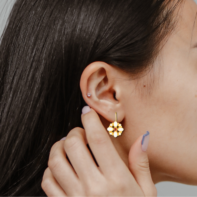 Gold Flower Drop Earrings with Opal - Liora