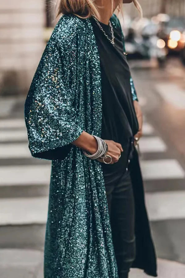 Gabriella Satin Sequin Embellished Duster Cardigan | Open Front Full-Length Cardigan