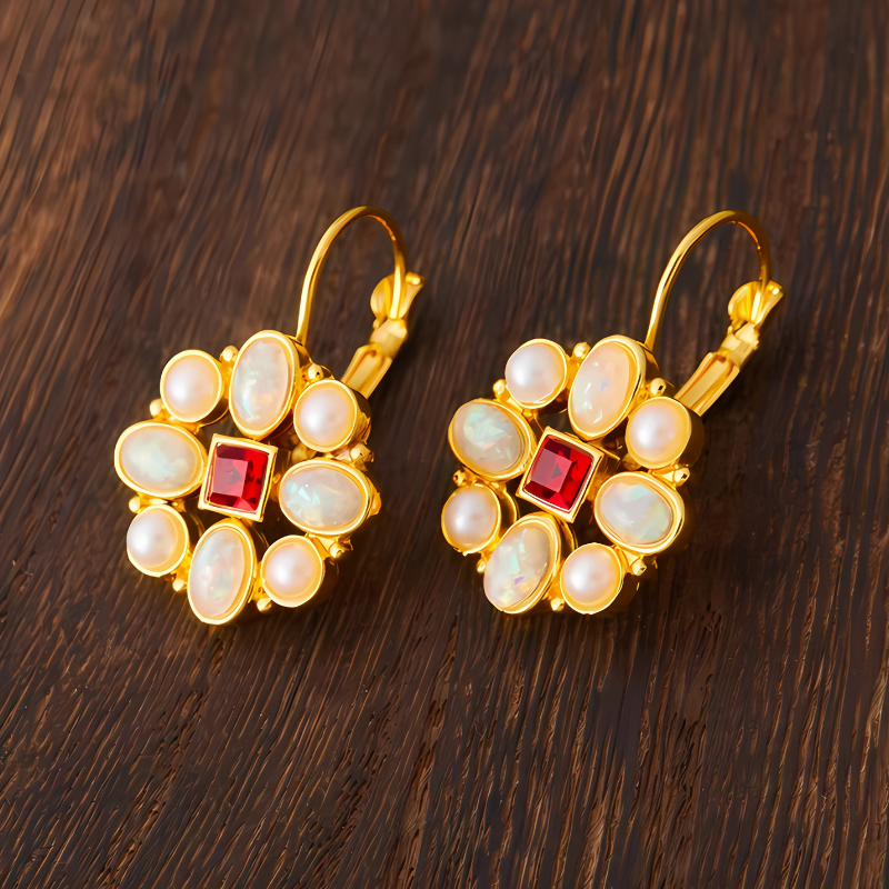 Gold Flower Drop Earrings with Opal - Liora