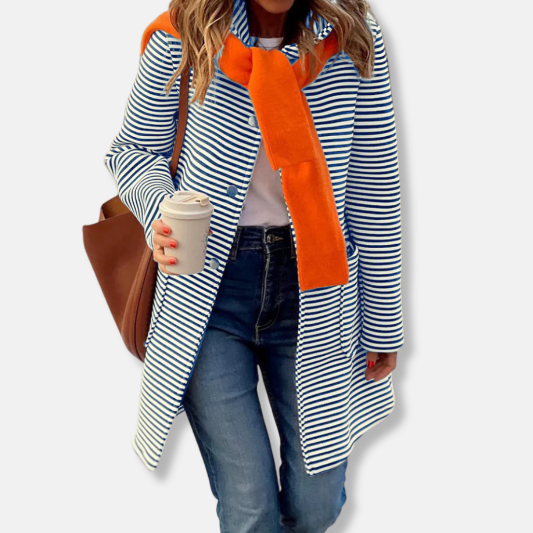 Sara Cotton Relaxed Fit Striped Trench Coat | Collared Mid-Thigh Coat