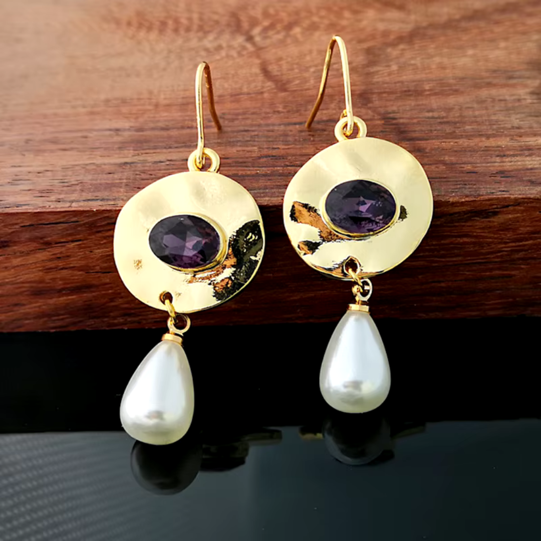Vintage Gold Purple Zirconia Pearl Earrings | Olivia