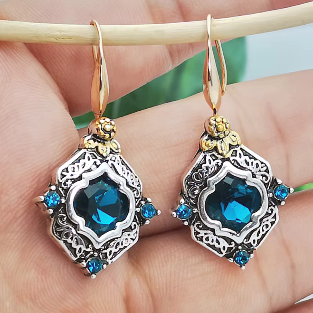 Vintage Blue Crystal Gold Earrings | Ava