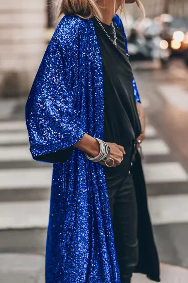 Gabriella Satin Sequin Embellished Duster Cardigan | Open Front Full-Length Cardigan