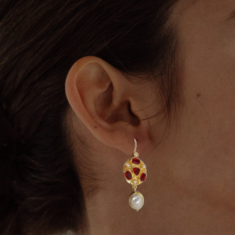 Red Gemstone Gold Drop Earrings - Aurelia