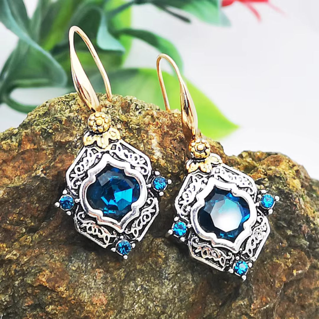 Vintage Blue Crystal Gold Earrings | Ava
