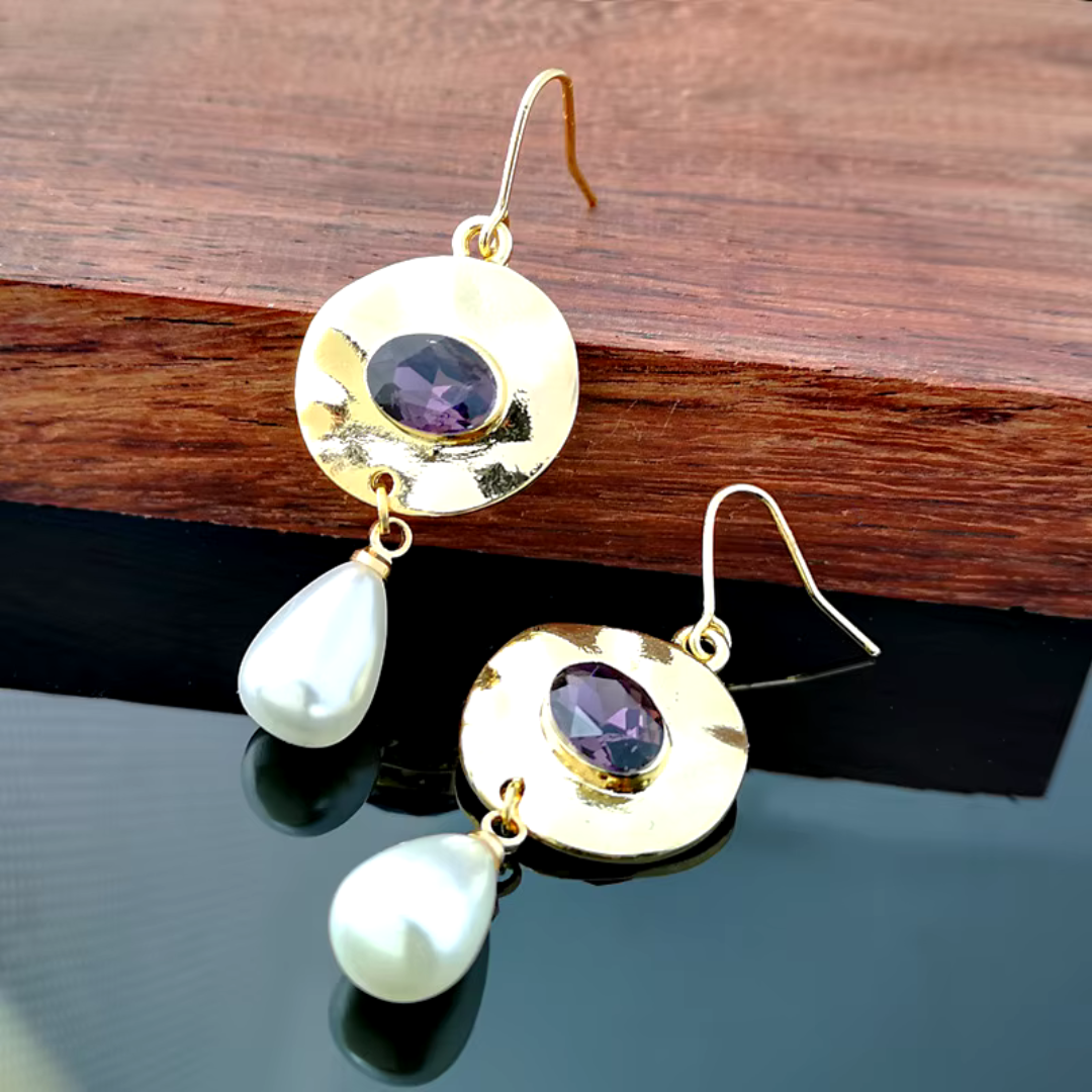 Vintage Gold Purple Zirconia Pearl Earrings | Olivia