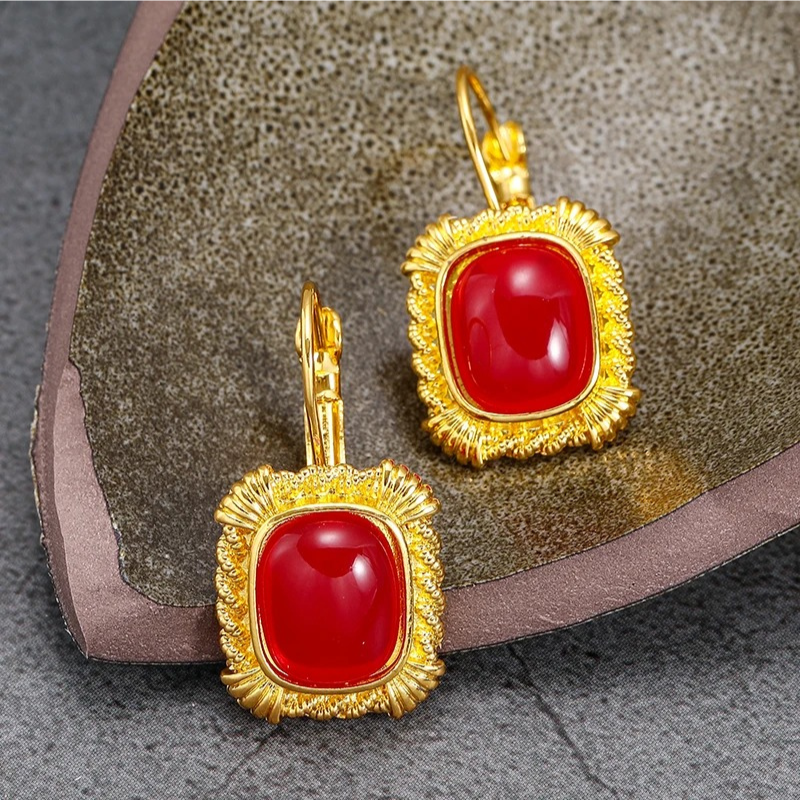 Vintage Gold Earrings with Red Gemstone - Amara