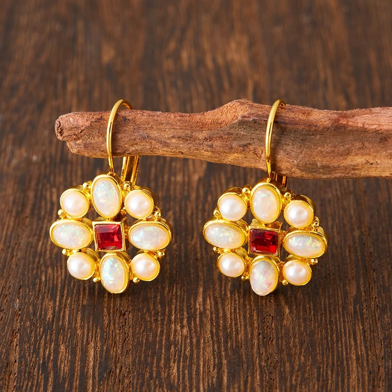 Gold Flower Drop Earrings with Opal - Liora