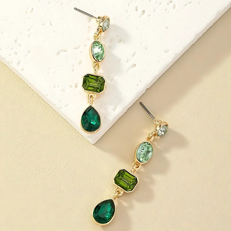 Gold Earrings with Green Crystals - Emily