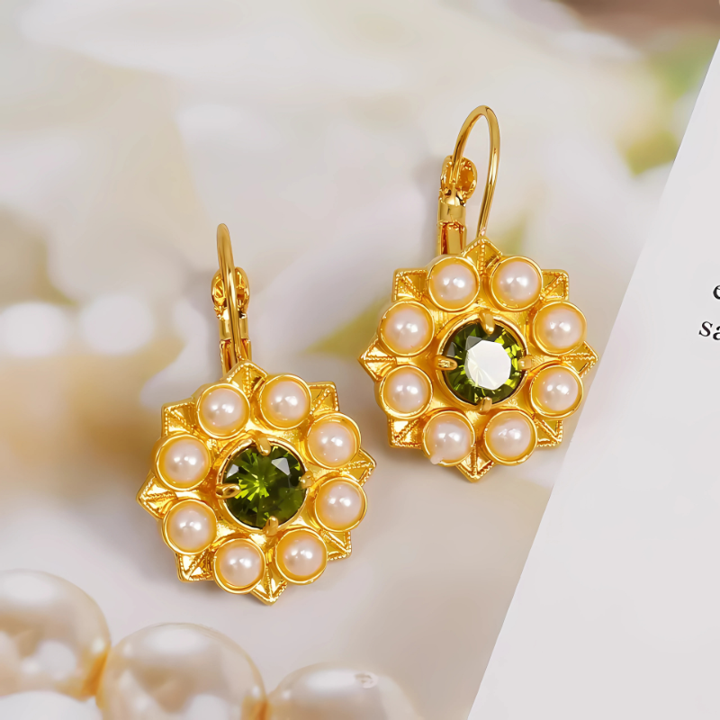 Gold Flower Earrings with Pearls - Elara