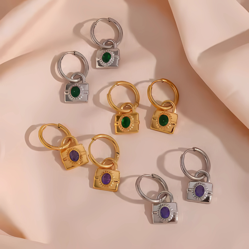 Gemstone Lock Hoop Earrings - Kaia