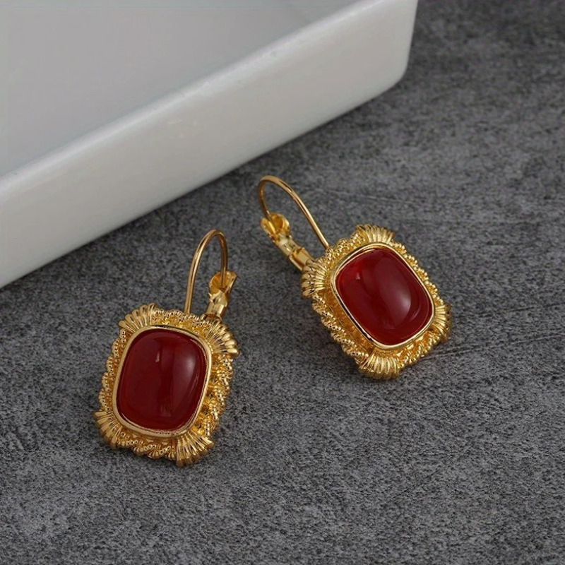 Vintage Gold Earrings with Red Gemstone - Amara