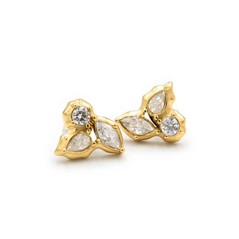 Gold Irregular Leaf Zircon Earrings - Stacey