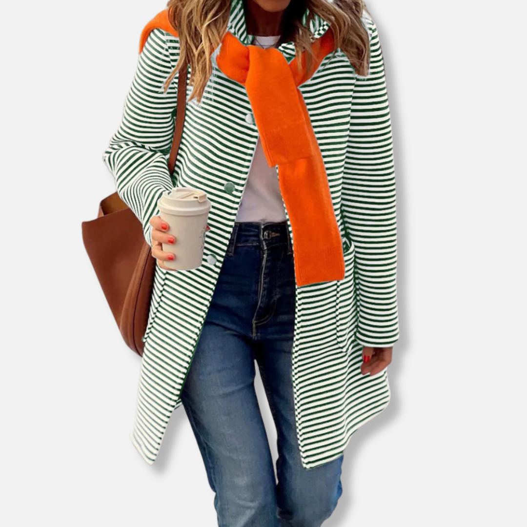 Sara Cotton Relaxed Fit Striped Trench Coat | Collared Mid-Thigh Coat