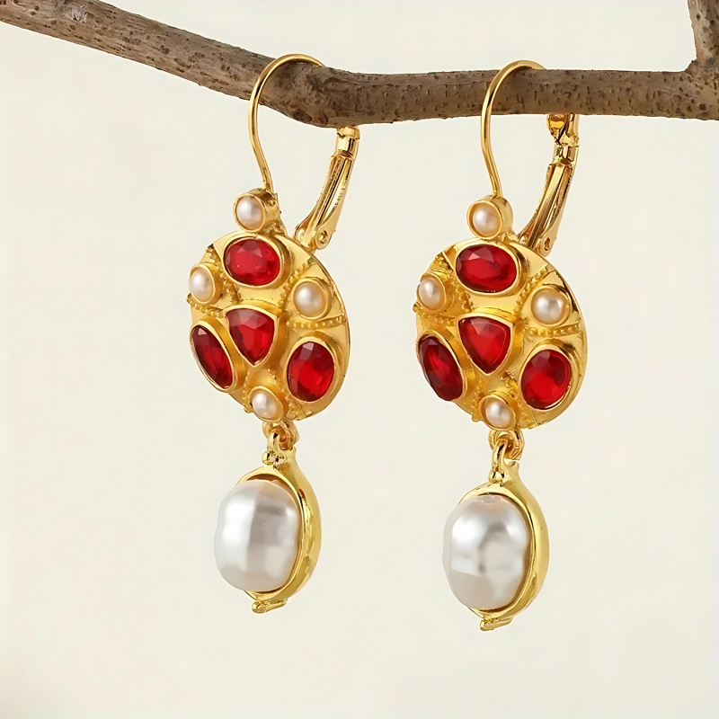 Red Gemstone Gold Drop Earrings - Aurelia