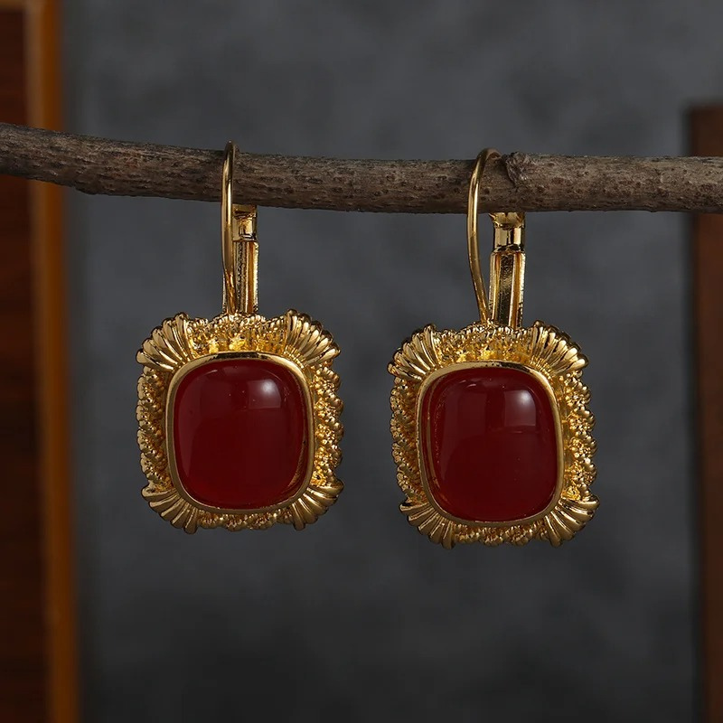 Vintage Gold Earrings with Red Gemstone - Amara