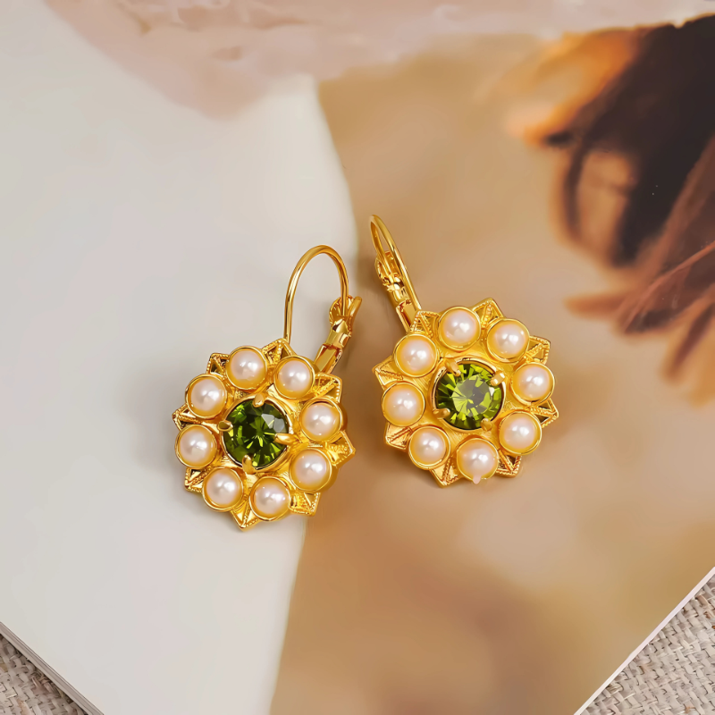 Gold Flower Earrings with Pearls - Elara
