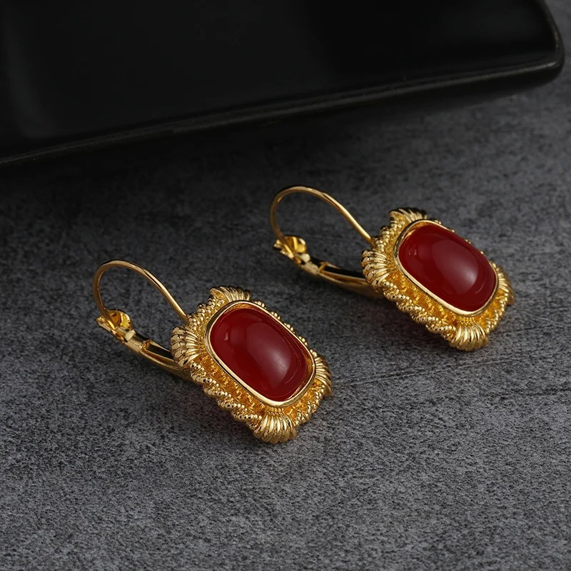 Vintage Gold Earrings with Red Gemstone - Amara