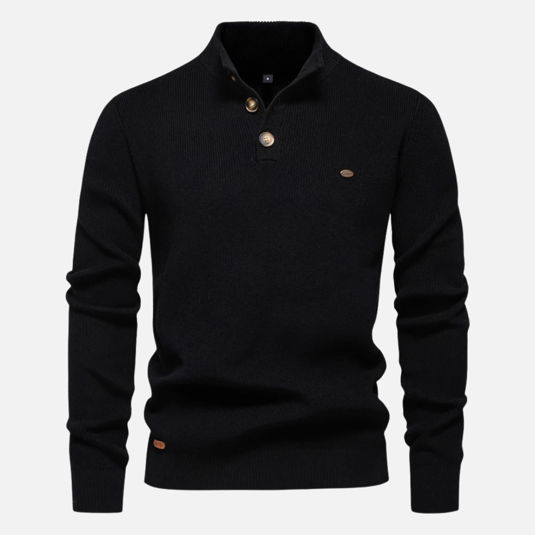 Theodore Wool Mock Neck Sweater | Ribbed Button Hip-Length Sweater
