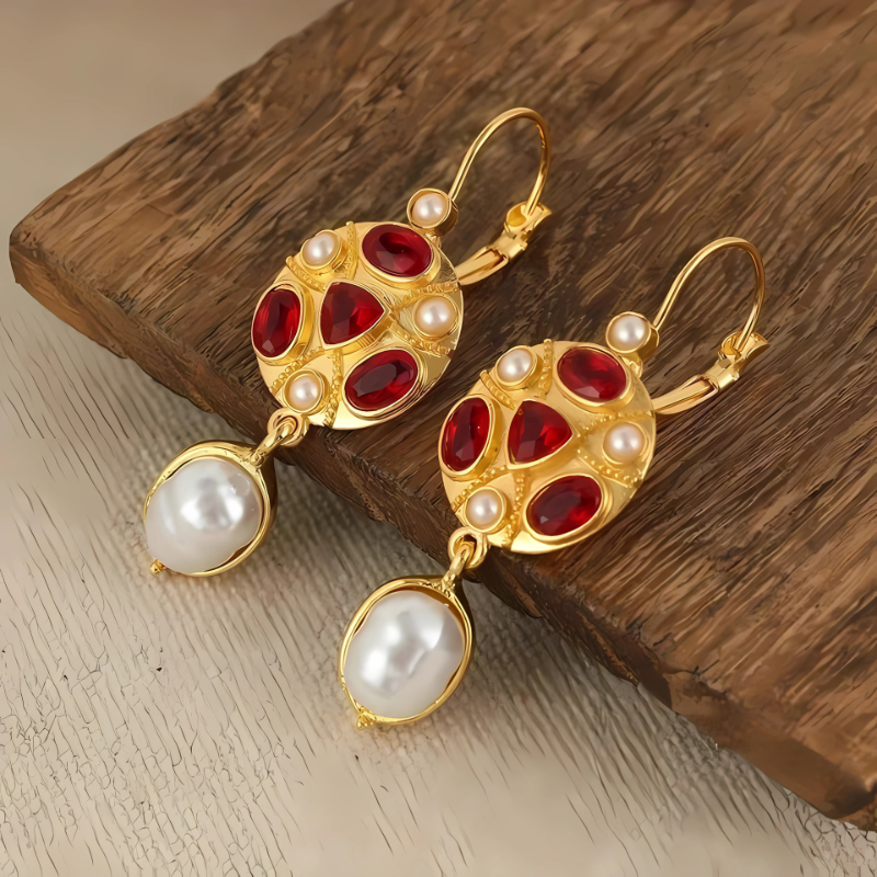 Red Gemstone Gold Drop Earrings - Aurelia