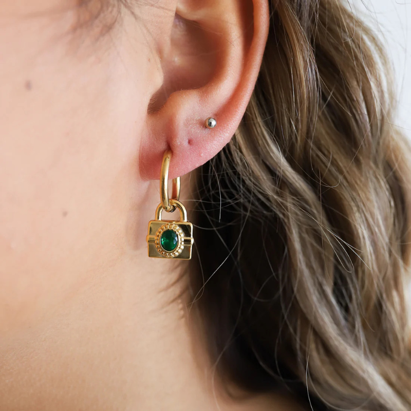 Gemstone Lock Hoop Earrings - Kaia
