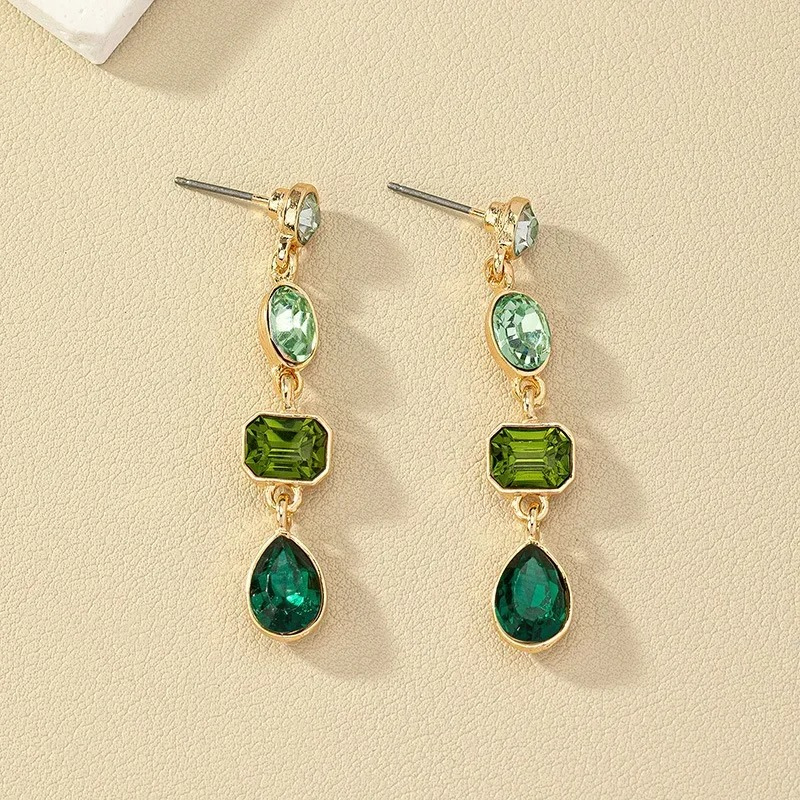 Gold Earrings with Green Crystals - Emily