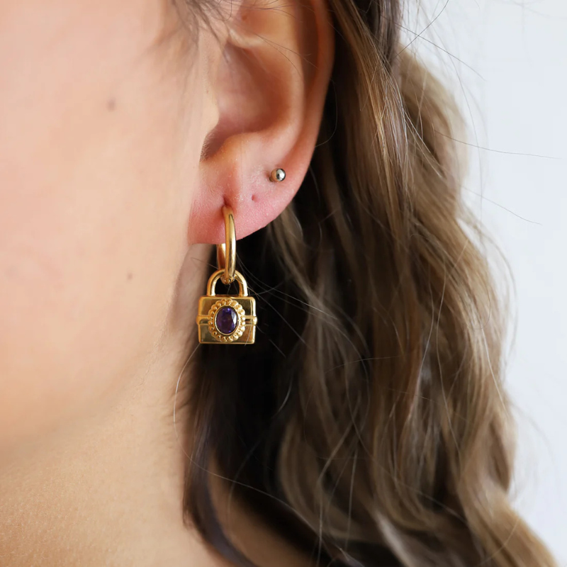 Gemstone Lock Hoop Earrings - Kaia