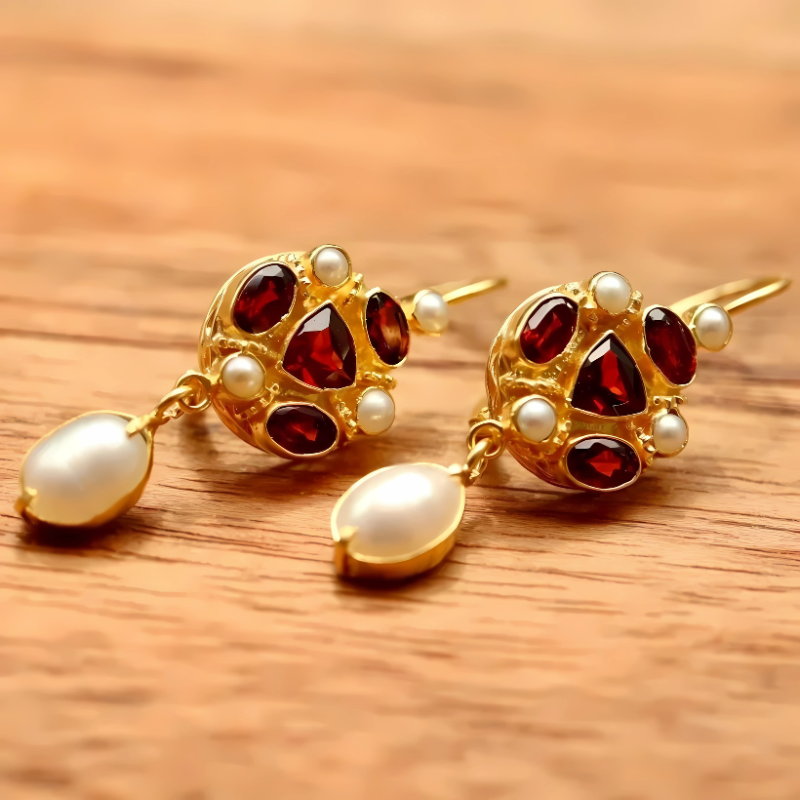 Red Gemstone Gold Drop Earrings - Aurelia