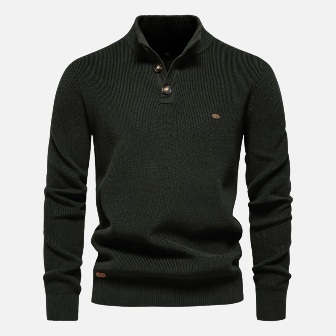 Theodore Wool Mock Neck Sweater | Ribbed Button Hip-Length Sweater