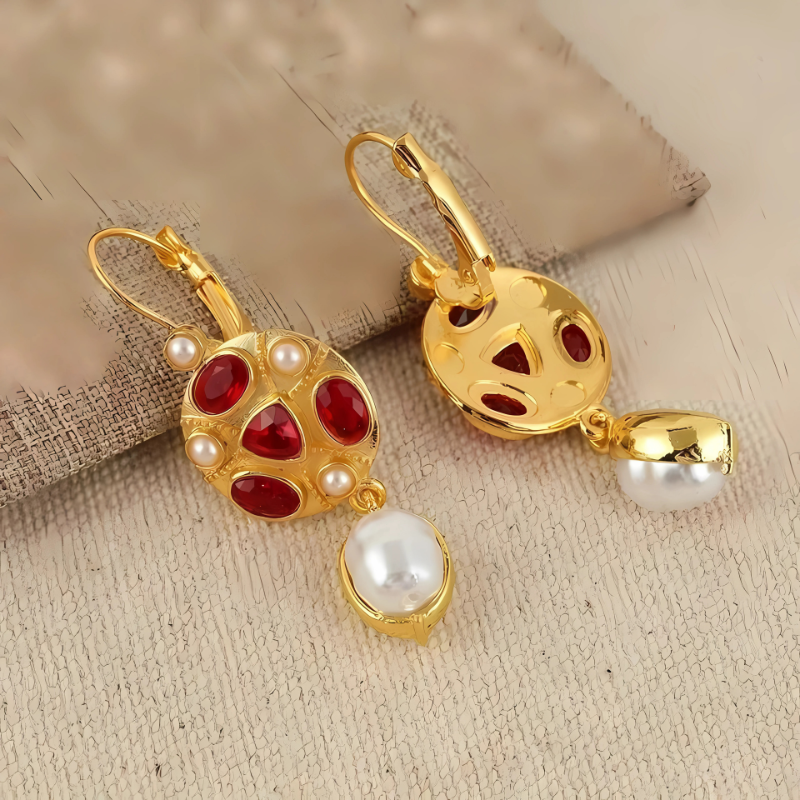 Red Gemstone Gold Drop Earrings - Aurelia
