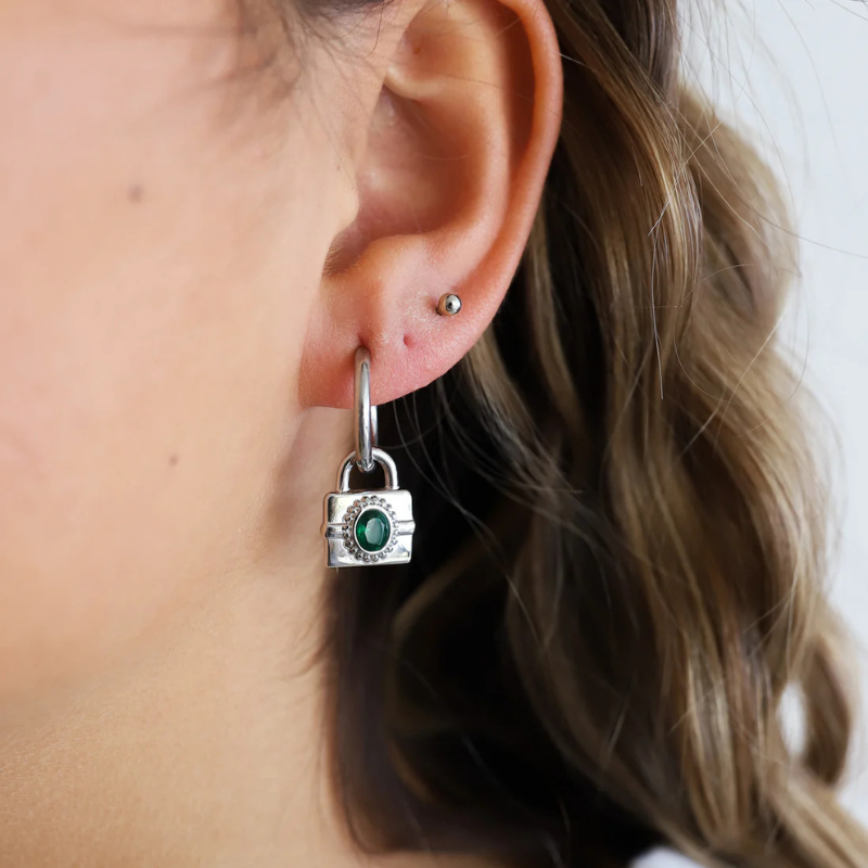 Gemstone Lock Hoop Earrings - Kaia