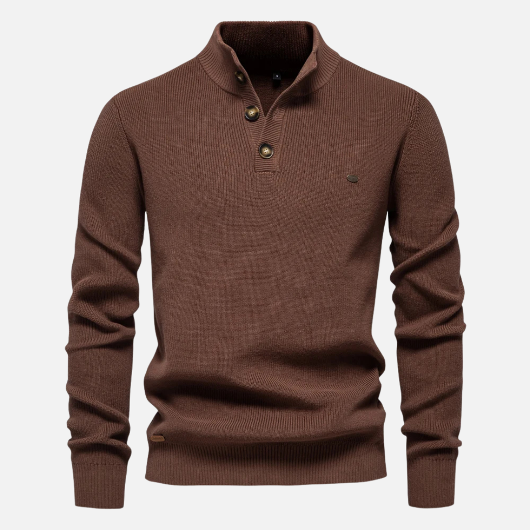 Theodore Wool Mock Neck Sweater | Ribbed Button Hip-Length Sweater
