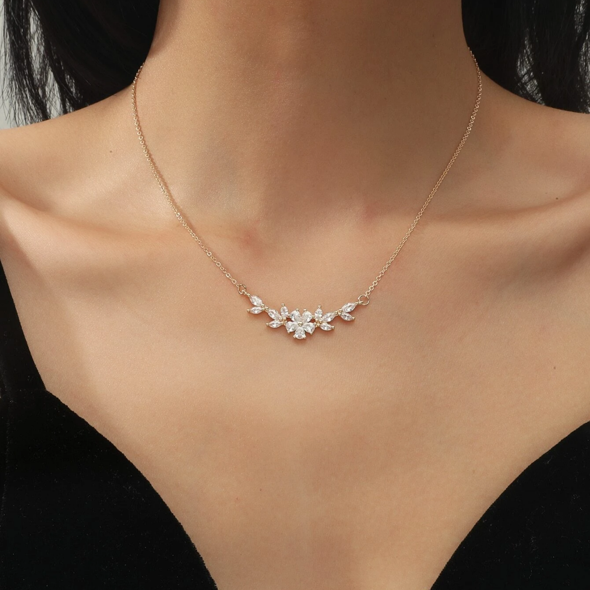 Flower charm necklace - Zirconia petal necklace