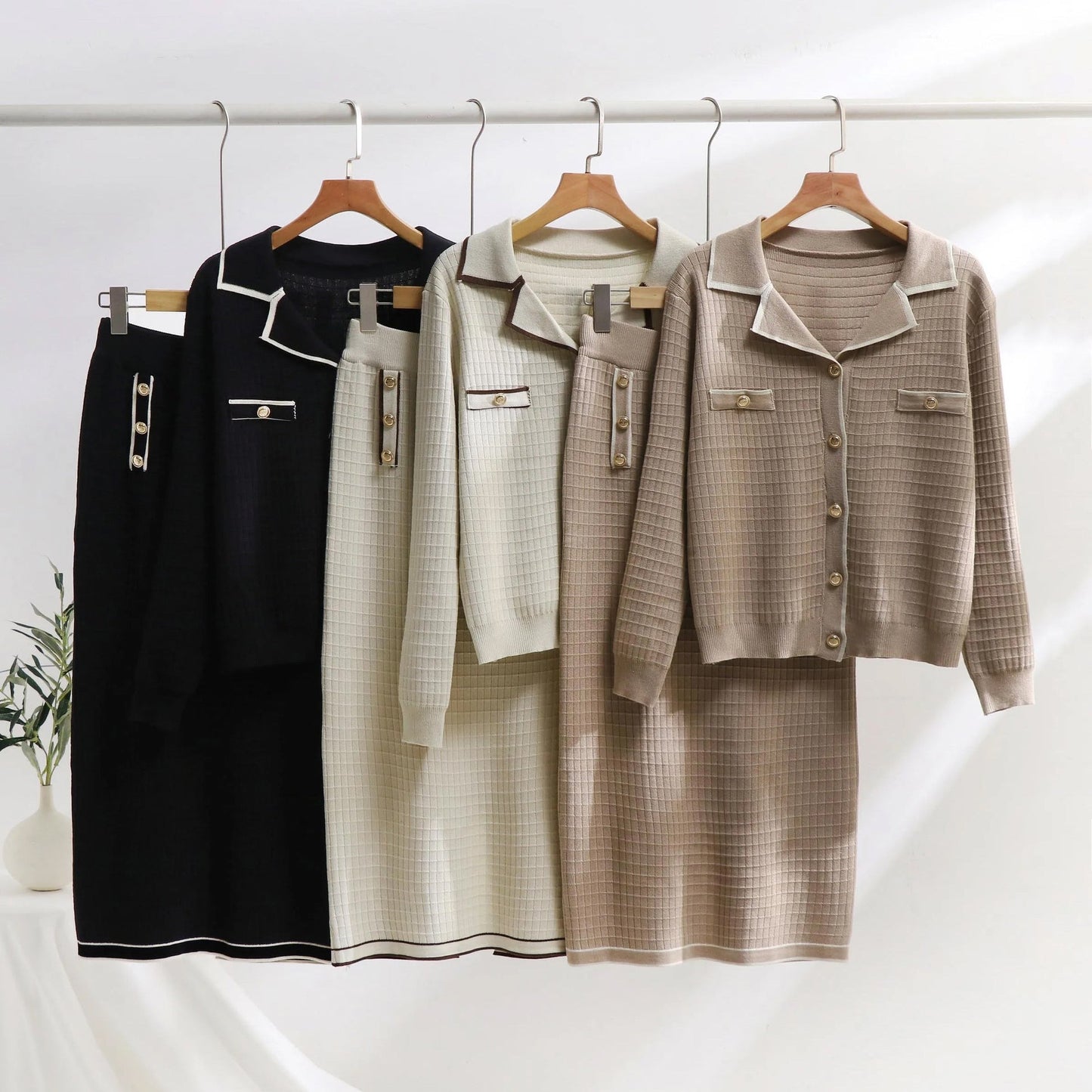 Isabella Cotton Grid Polo Cardigan Two-Piece Set | Slim Fit Everyday Set