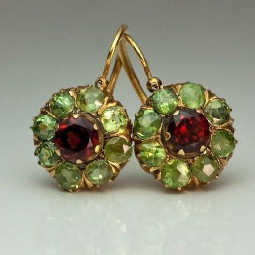 Vintage Rounded Green and Red Crystal Earrings | Emma
