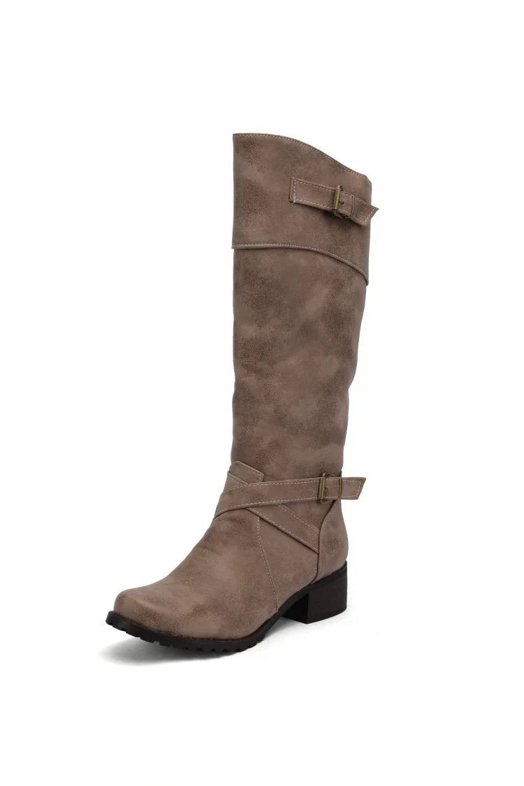 Isabella Leather Buckled Knee-High Boots | Low Heel Boots