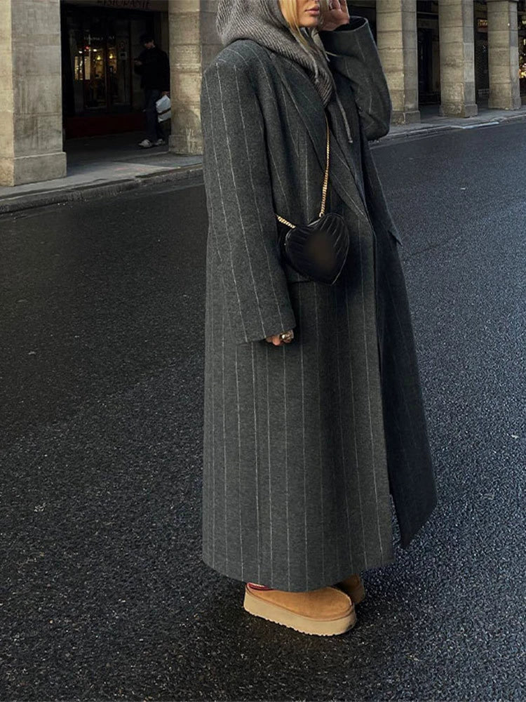Elisa Wool Pinstriped Long Coat | Notched Lapel Oversized Coat
