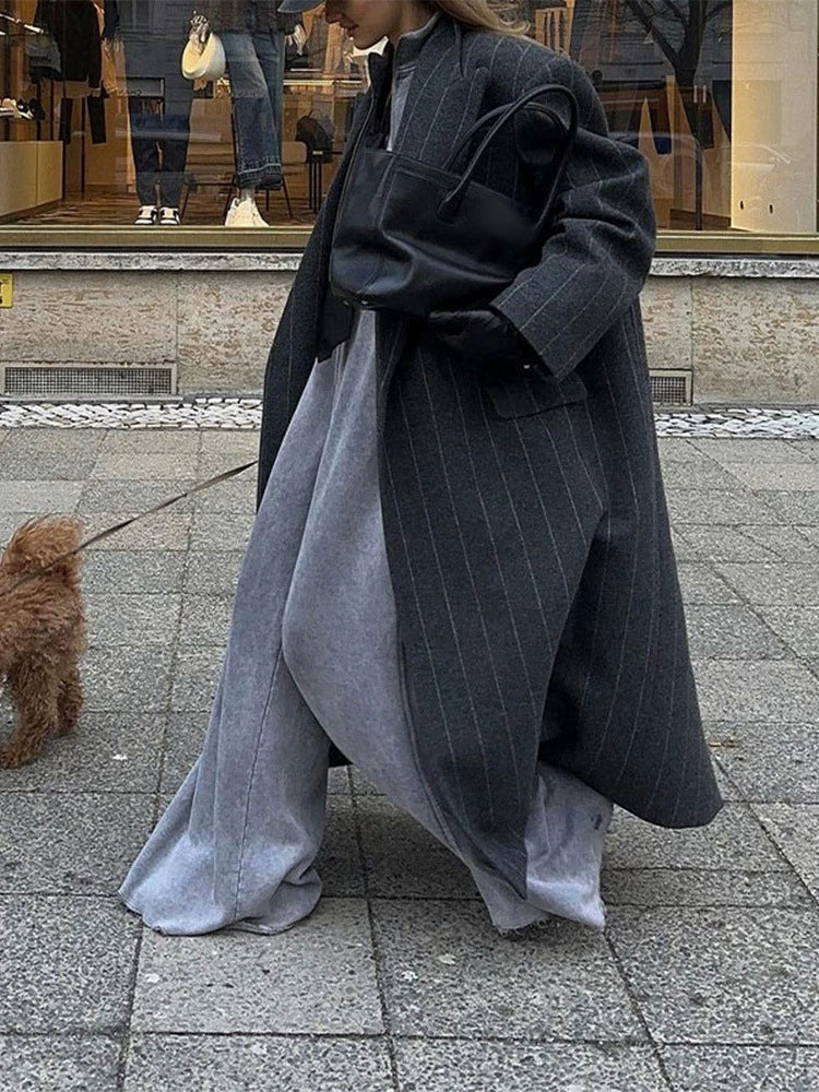 Elisa Wool Pinstriped Long Coat | Notched Lapel Oversized Coat