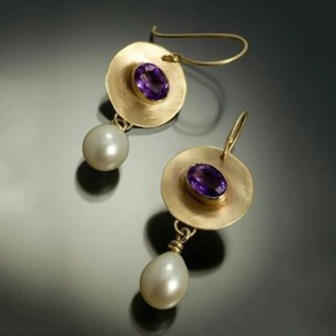 Vintage Gold Purple Zirconia Pearl Earrings | Olivia