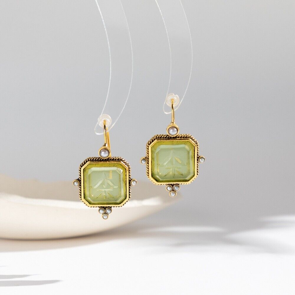 Vintage Green & Pearl Earrings | Gold