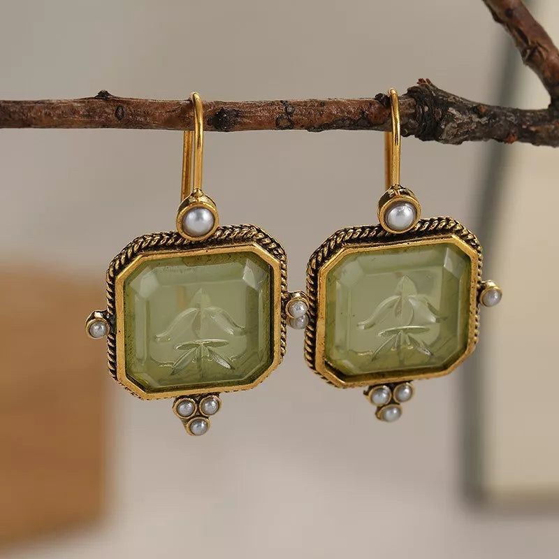 Vintage Green & Pearl Earrings | Gold