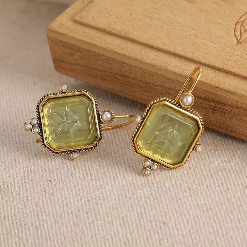 Vintage Green & Pearl Earrings | Gold