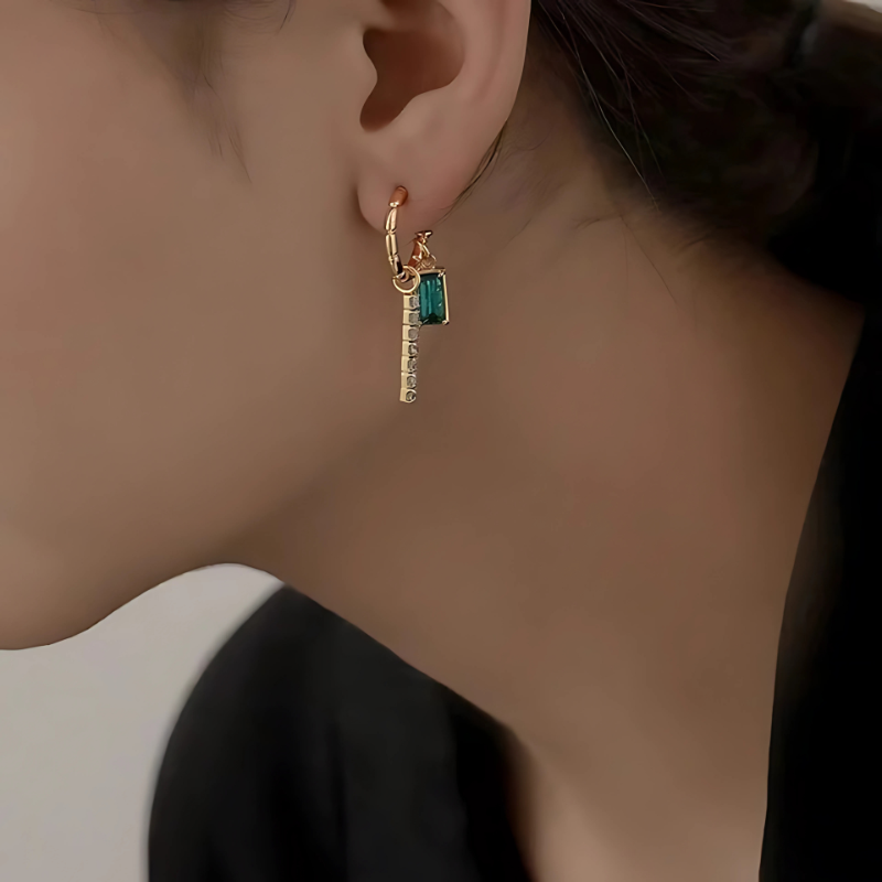 Golden Geometric Hoop Earrings with Green Crystal - Alana