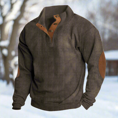 Tommy Wool Ribbed Button Front Sweater | Relaxed Fit Elbow Patch Sweater