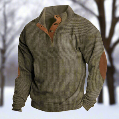 Tommy Wool Ribbed Button Front Sweater | Relaxed Fit Elbow Patch Sweater
