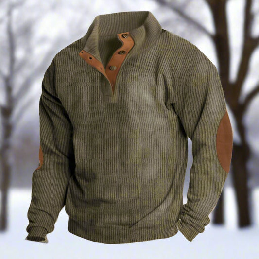 Tommy Wool Ribbed Button Front Sweater | Relaxed Fit Elbow Patch Sweater
