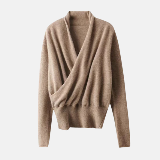 Amelia Wool Wrap Sweater | Cropped Ribbed Trim Sweater