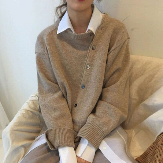 Harper Wool Oversized Fit Cardigan | Crewneck Ribbed Hem Cardigan