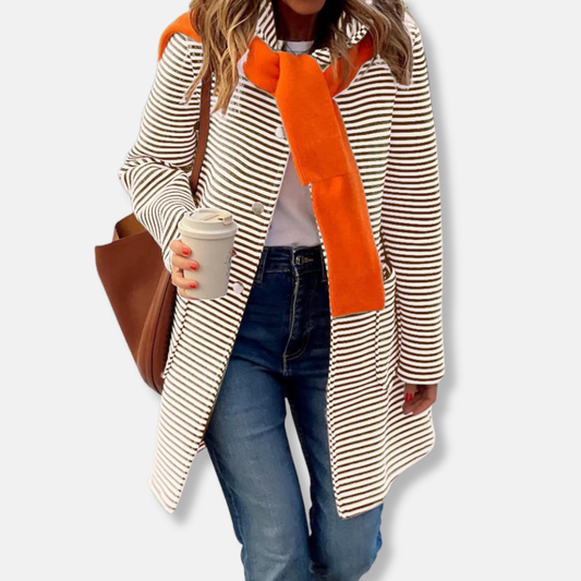 Sara Cotton Relaxed Fit Striped Trench Coat | Collared Mid-Thigh Coat