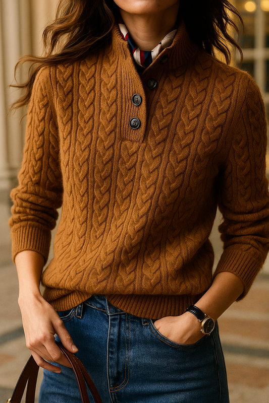Amelia Wool Funnel Neck Pullover Sweater | Cable Knit Relaxed Fit Sweater